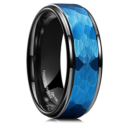 King Will Men's Tungsten Carbide Wedding Ring Hammered Groove Wedding Band Mens Two Tone Engagement Ring for Men and Women Matte Brushed Finish Comfort Fit - color: 8mm Blue & Black