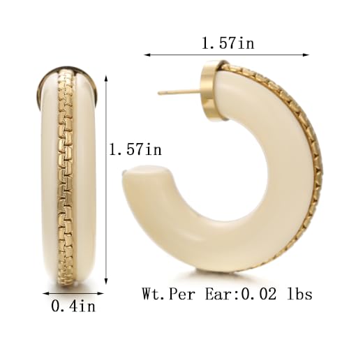 Gold Plated Resin Chunky Hoop Earrings Hypoallergenic Push Back Hoops for Sensitive Ears - color: Creamy