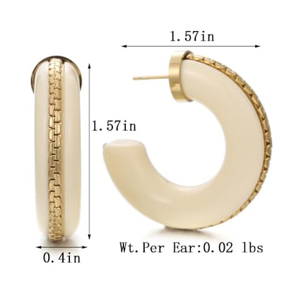 Gold Plated Resin Chunky Hoop Earrings Hypoallergenic Push Back Hoops for Sensitive Ears - color: Creamy