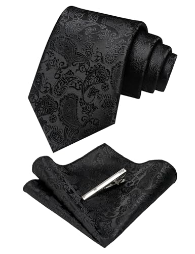 JEMYGINS Mens Solid Color Paisley Necktie and Pocket Square with Tie Clip Sets - color: Black