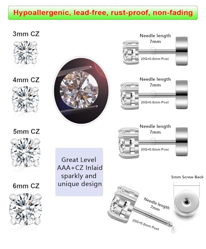Stainless Steel Stud and Hoop Earrings Sets for Ear Stacks | Choose gold or silver pearl studs, CZ studs, flat backs, butterfly backs, hoops and multi-pair ear stack sets. - color: 4 Pairs Silver-Flat Back