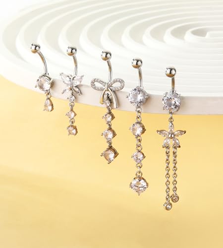 BSJ4U Belly Button Rings Gold Plated Silver Pink Clear CZ Belly Rings for Women Heart Bow Flower Butterfly Teardrop Dangle Navel Belly Button Piercing Jewelry - color: Silver Clear Dangle Belly Button Rings