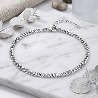 PICNHUAN Gold/Silver Ankle Bracelets for Women 14K Gold Plated Women's Anklets Silver Cuban Chain Anklet Waterproof Stainless Steel Anklet Summer Beach Foot Chain Jewelry Gifts for Women - color: Silver/Chain