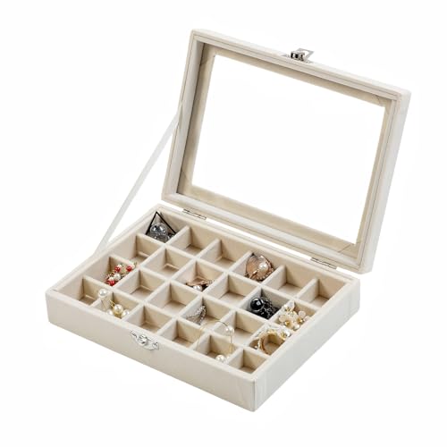 24 Grid Jewelry Ring Display Organizer Box, Beige Earrings Holder Tray, Small Jewelry Organizer with Clear Lid for Women & Girls - color: Beige, size: 24Grids