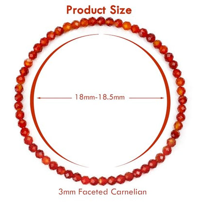 BONNY BOXX Natural Genuine Gemstone Faceted Round Beads Bracelets, 3mm Adjustable Stretchy Tiny Faceted Black Tourmaline Bracelet, Healing Crystal Reiki Chakra Dainty Jewelry Fashion Gifts - color: Carnelian