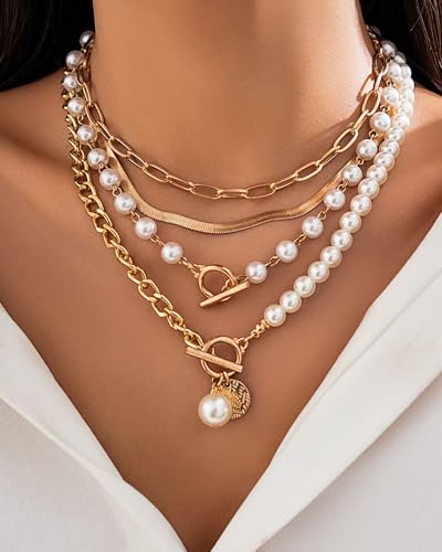 Gold Layered Necklaces for Women Chunky Layered Gold Necklaces Stacked Paperclip Chain Pearl Necklace Herringbone Toggle Clasp Choker Trendy Statement Jewelry Gifts - color: A1:gold layered necklace