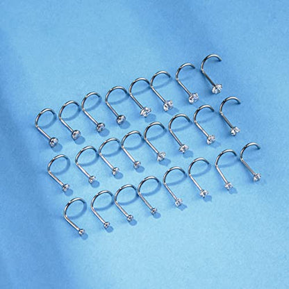8PCS G23 Titanium Twist Screw Nose Studs 18G 20G Nose Rings 2mm 2.5mm 3mm Clear Pink Purple Aurora CZ Gold Nose Piercing Studs Nostril for Women Men - style: 20g silver clear cz 3mm