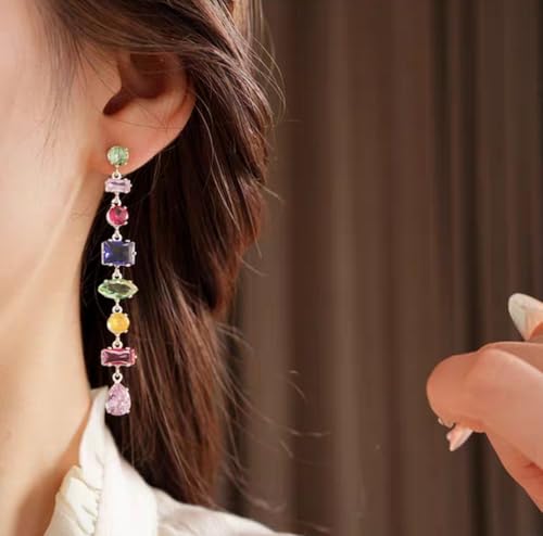 Silver Plated Rainbow Crystal Necklace, Sparkly Cubic Zirconia Rhinestone Multicolor Chain Choker Bracelet Earring Jewelry Set - style: Necklace+Bracelet+Earrings