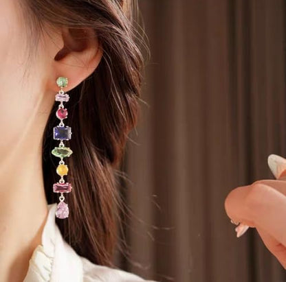 Silver Plated Rainbow Crystal Necklace, Sparkly Cubic Zirconia Rhinestone Multicolor Chain Choker Bracelet Earring Jewelry Set - style: Necklace+Bracelet+Earrings