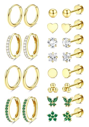Jstyle Hypoallergenic Earrings for Sensitive Ears, Comfortable Flat Back Earrings for Sleeping, Surgical Steel Cartilage Earring Stacks for Multiple Piercing 14K Gold Plated Nickel-Free Jewelry - color: 14K Gold Plated - Green CZ