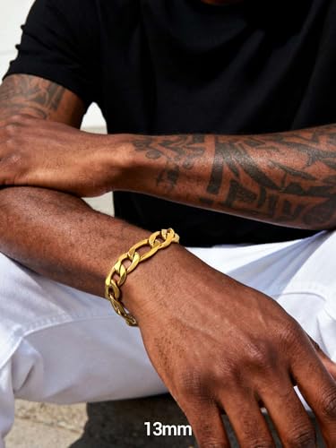 PROSTEEL Bracelets for Men, Figaro/Cuban Mens Bracelet, Silver/Gold/Black | 6/9/13mm Width, 7.5/8.3/9" Length, Stainless Steel Mens Bracelet, Durable & Non Tarnish, Chunky Jewelry with Gift Box - style: C 13mm-Figaro-Gold