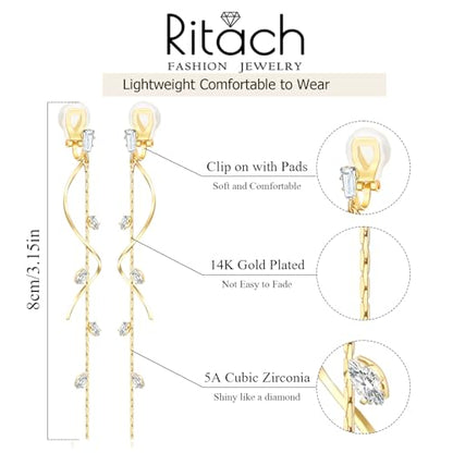 Gold/Silver Clip on Earrings Non Pierced for Women - 14K Gold Plated Long Tasse Drop Dangle Clip Earrings - Cubic Zirconia Leaf Earrings for Women Gold Wedding Jewelry Gifts - color: Gold