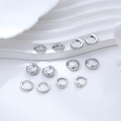 Wgoud Small Gold Hoop Earrings Set for Women, 6 Pairs 14K Gold Plated Hypoallergenic Lightweight Huggie Hoops Earrings, Trendy Cartilage Cubic Zirconia Earrings for Women Gifts. - color: E-Silver hoops