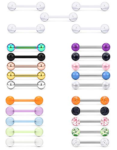 Prjndjw 14G, 16/19/22mmL, 25/30PCS, 5mm Ball Barbell Tongue Ring. Surgical Steel Nipple Piercing Vemom/Glow in The Dark/Created Pearl/Body Jewelry for Woman Unisex - color: 5/8in(16mm)
