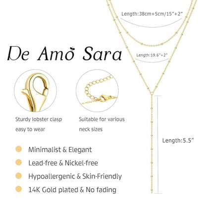 Lariat Gold Necklace for Women, Dainty Long Necklaces 14k Gold Plated Y-Shaped Layered Drop Necklaces for Women Trendy Simple Gold Jewelry for Prom Vacation Gifts - color: Layered Satellite Chain-Gold