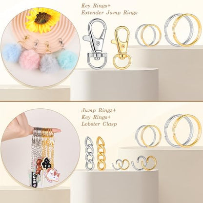 BESARME 1130PCS Keychain Making Kit Jump Rings for Jewelry DIY Key chain Supplies with Keyrings Bulk, Metal Lobster Claw Clasp, Swivel Snap Hook, Extender Chain for Crafts Accessories（Gold and Silver） - color: Gold and Silver