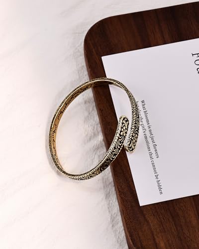 Vinatage 14K Gold Plated Cuff Bracelet - Boho Adjustable Cuff with Floral Pattern, Stackable Bracelet Bangle for Women