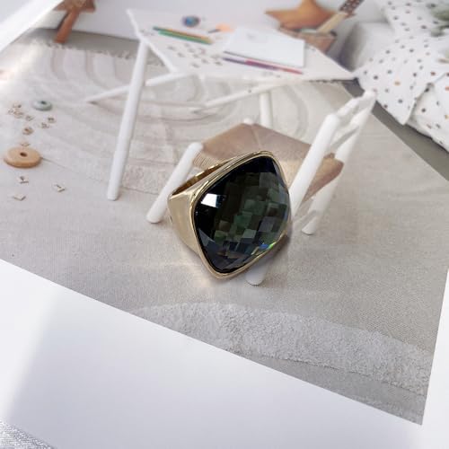 Chunky Square Crystal Glass Stainless Steel Statement Ring for Women Men Gold-Tone Plated Exaggerated Large Geometric Green Cubic Zirconia Finger Band Knuckle Rings Cocktail Prom Fashion Jewelry - color: Gery