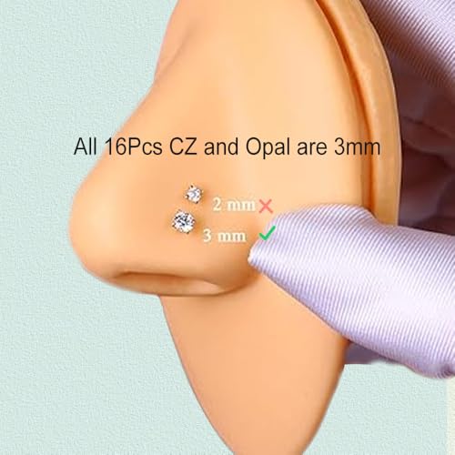 SEEDRILL Nose Rings Studs for Women 16Pcs 20G/18G Nose Studs Hypoallergenic 316L Surgical Steel Nose Piercings Jewelry 3mm CZ & Opal Nose Ring L Shape Nose Stud 20 Gauge Nose Screw Studs - style: 18G/L Shape/Colorful CZ