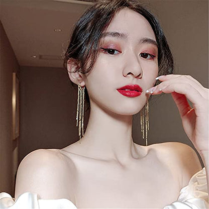 Chic Charm 14k Gold Silver Plated Big Chandelier Tassel Long Chain Geometry Huggie Hoop Dangle Drop Earrings for Women Statement Jewelry Gifts - color: Gold