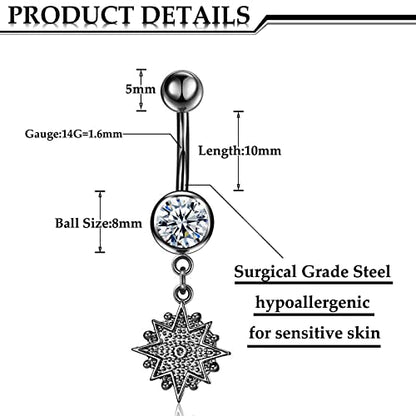 Hicarer 8 Pieces 14G Belly Button Rings Steel Long Dangle Navel Ring CZ Body Piercing Jewelry - color: Black