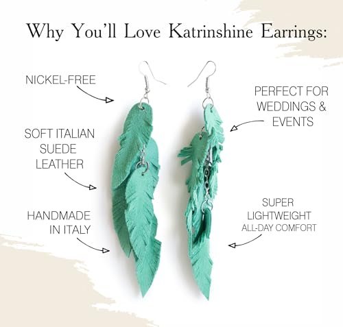 Leather Feather Earrings, Suede layered earrings, boho wedding jewelry, summer earrings, gift for her, dangle earrings - color: Light green