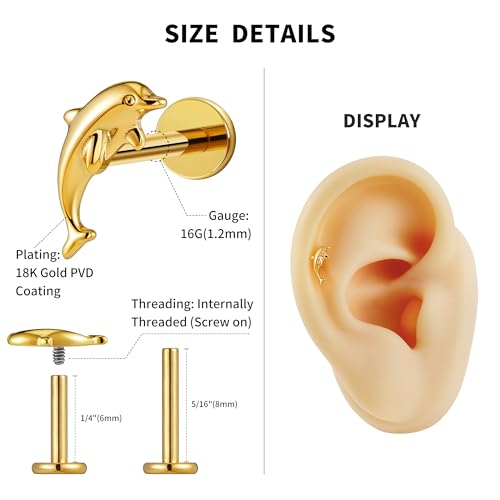 FINE4U 1PC 16G ASTM F136 Titanium Octopuses Piercings Jewelry with 6mm 8mm Post for Conch Helix Flat Labret 16G 6mm 8mm - color: Dolphins - Gold