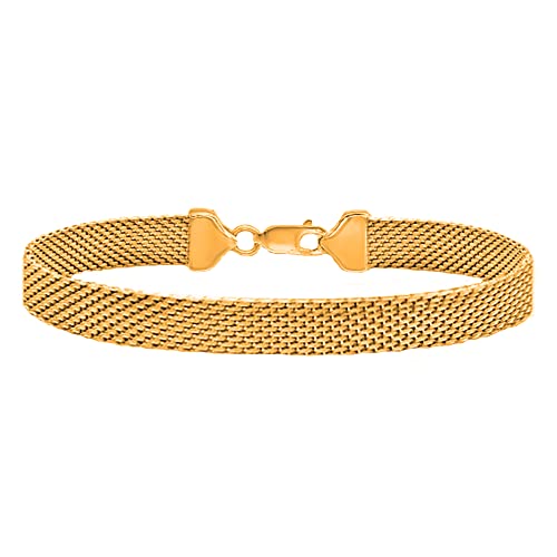 Savlano 925 Sterling Silver 7MM Coreana Flat Mesh Chain Bracelet - 18K Gold Plated 7.5 Inch Mesh Bracelet for Women - Made in Italy Comes Gift Box - color: Silver Yellow Gold Plated