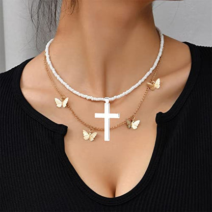 Small Dainty Cross Necklace Pendant Bohemian Turquoise Seed Bead Beaded Necklace Choker for Women Men Faith Jewelry Gift - color: 02 Silver