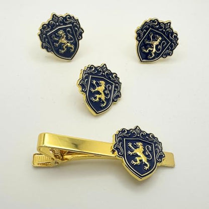 Men’s Cufflinks, Tie Bar, and Tie Pin Set – Royal Blue on Gold with Raised Lion Crest, Gift-Boxed for Business and Formal Occasions - color: Royal Blue on Gold