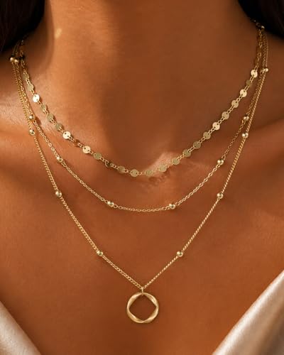 3 Pcs 14K Gold Plated Layered Gold Necklaces Stack for Women Pendant Set | Stackable Layering Design,Lightweight Fit,Tarnish-Resistant Finish,Adjustable Size,Less Tangling,Pretty Gift Jewelry - color: Gold Circle
