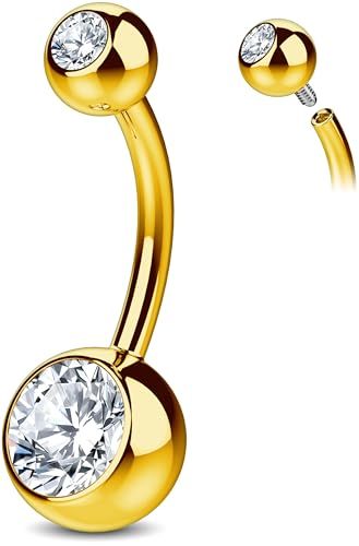 Internally Threaded Belly Button Ring G23 Titanium with Grade AAAAA Cubic Zirconia - 14g Implant Grade Titanium Belly Ring Piercing Jewelry Internal Thread - Bellybutton Rings Navel Jewelry For Women - color: Gold - 10mm