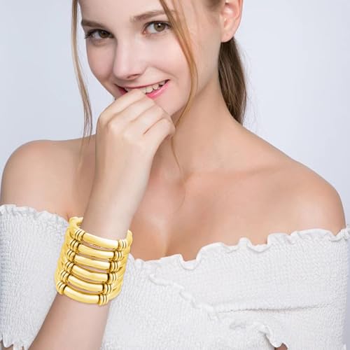 YBMYCM 5PCS Gold Chunky Bangles Bracelets for Women | 14k Gold Plated Stackable Layered Curved Bamboo Tube Stretch Bracelets Bangle Gift Jewelry - color: 6pcs G