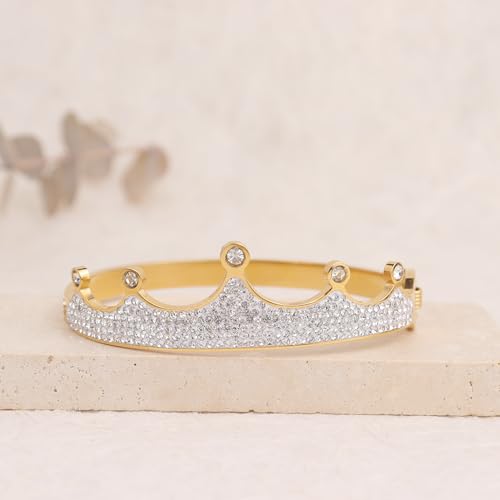 14k Gold Plated Cubic Zirconia Bangle Classic Bracelets for Woman, Sparkly Rhinestones Crown Bangle Stainless Steel Stackable Cuff Bracelet Trendy Statement Jewelry Gifts - color: GoldCrown