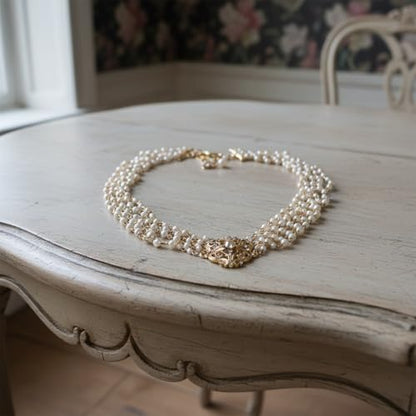 2026 Vintage 18K Gold Plated Multi-Layer Pearl Choker Necklace, Triple-Strand Faux Pearl Collar with Intricate Filigree Clasp, Retro Elegant Bridal Wedding Jewelry