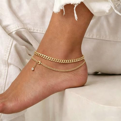 Anklets for Women, Gold/Silver Chunky Cuban Link Anklet Bracelets for Women Layered Gold Anklets for Women Waterproof Adjustable Women's Anklets Beach Jewelry - style: chunky cuban anklet set-gold