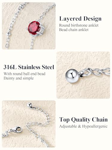 U7 Silver Ankle Bracelet for Women, Waterproof Layered Ankle Round Gem Birthstone Anklets, Summer Beach Foot Jewelry, Adjustable 8.5"-10.5" - color: 07.July-Ruby Red