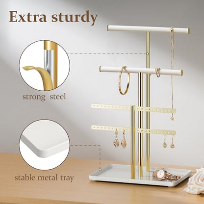 pickpiff Jewelry Holder Organizer with Velvet, Adjustable 10"-17" Tall, Metal Stand for Display Bracelet, Necklace, Earrings, Rings, White and Gold