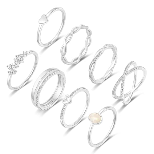 RLMOON 8PCS Gold Silver Rings for Women Non Tarnish Stackable Ring Set | 14K Gold Plated Dainty CZ Simulated Diamond Ring Eternity Wedding Band Gold Stacking Thumb Rings Size 4-12 - color: Silver Rings