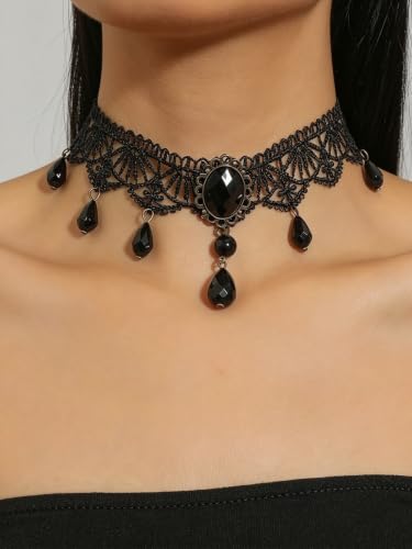Lace Choker Necklace for Women Tassel Pendant Choker Necklaces Elegant Boho Collar Necklaces Statement Artistic Chain Necklace with Pearl Halloween Party Cosplay Costume Jewelry - color: Black Lace Pearl-2