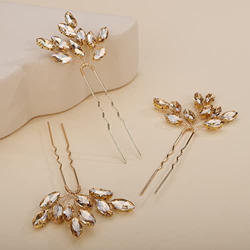 Teyglen 3pcs Bridal Crystal Hair Pins Rhinestones Hair Pieces Simple Crystal Wedding Hair Accessories Handmade Hair Pins for Women Bride(Champagne) - color: Champagne