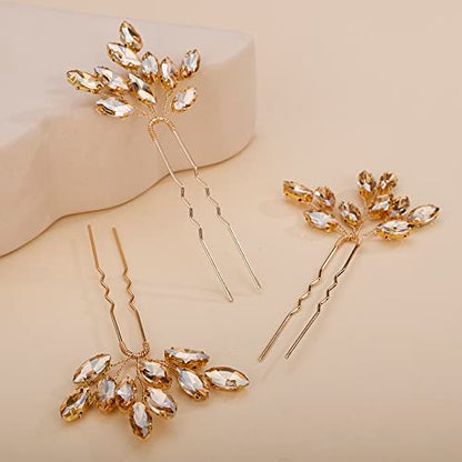 Teyglen 3pcs Bridal Crystal Hair Pins Rhinestones Hair Pieces Simple Crystal Wedding Hair Accessories Handmade Hair Pins for Women Bride(Champagne) - color: Champagne