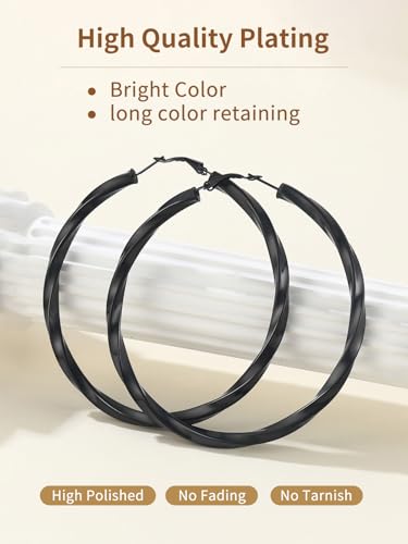FindChic Twisted Hoop Earrings for Women, Silver/Black/14K Gold Plated Hypoallergenic Hollow Tube Rounded Loop Earrings, 30mm/40mm/60mm/80mm Hoops with Custom Name Options and Gift Box - color: a.Black, size: 80MM