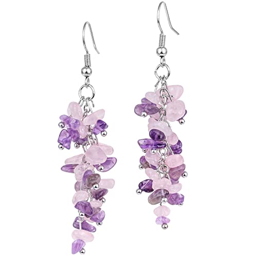 Nupuyai Natural Tumbled Stones Earrings for Women, Reiki Healing Crystal Long Dangle Hook Eardrop - color: #7-Purple & Pink