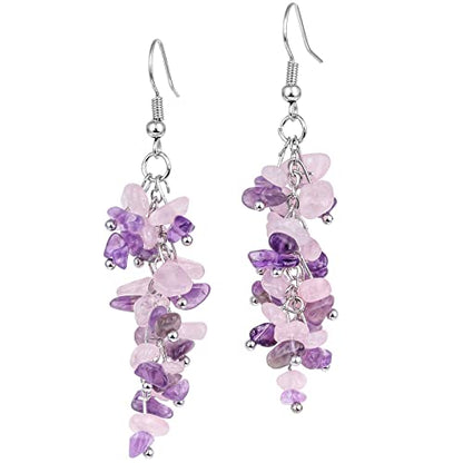 Nupuyai Natural Tumbled Stones Earrings for Women, Reiki Healing Crystal Long Dangle Hook Eardrop - color: #7-Purple & Pink