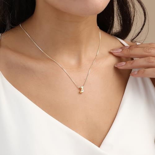 14K Gold Plated Bubble Letter Necklace, Tarnish Free and Waterproof Dainty Initial Necklace for Women, Trendy Personalized Gold Jewelry Gift for Her - color: Gold, style: J