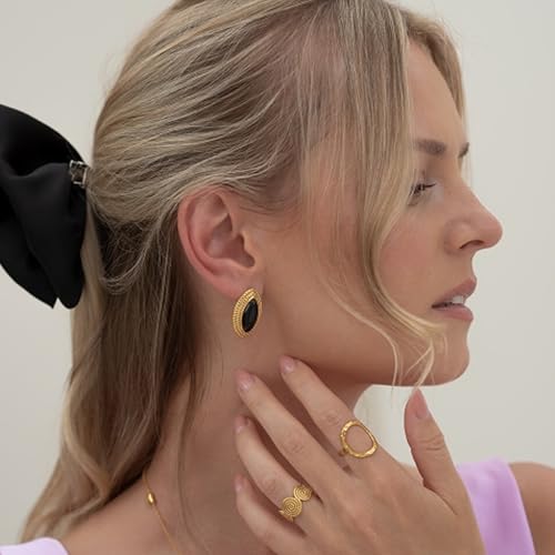 RAUCHBE Big Chunky Gold Earrings for Women Vintage Black Oval Earring Onyx Statement Earrings Trendy Jewelry - style: Stud A