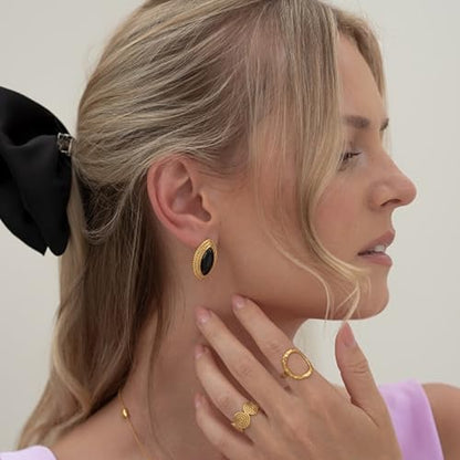 RAUCHBE Big Chunky Gold Earrings for Women Vintage Black Oval Earring Onyx Statement Earrings Trendy Jewelry - style: Stud A
