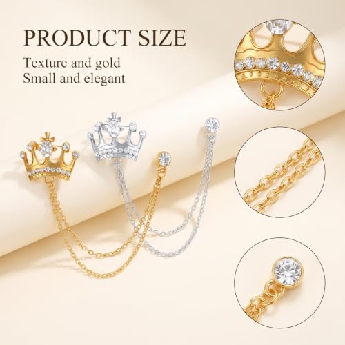 Crown Suit Pins 2PCS Men's Crown Hanging Chain Brooch, Retro Crystal Brooch | for Men, Suit Pin Badge with Chains, Collar Lapel Pins, Shirt Decoration, Metal Clips, Women Tuxedo Tie, Hat Scarf