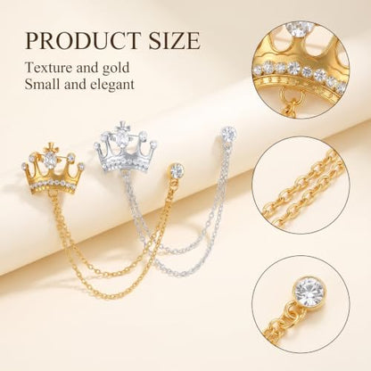 Crown Suit Pins 2PCS Men's Crown Hanging Chain Brooch, Retro Crystal Brooch | for Men, Suit Pin Badge with Chains, Collar Lapel Pins, Shirt Decoration, Metal Clips, Women Tuxedo Tie, Hat Scarf